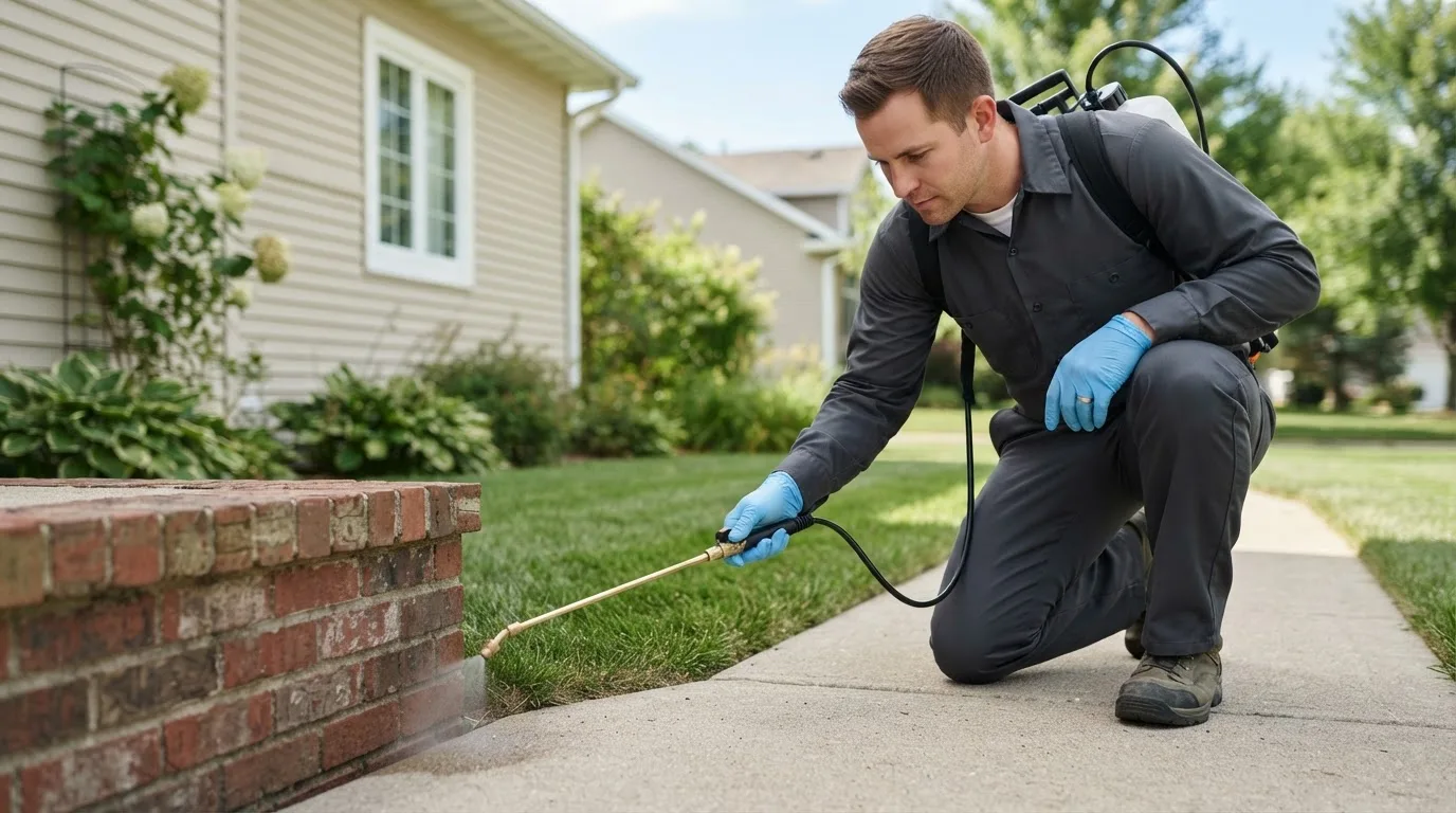 Pest control technician treating a home near Oakland, ME