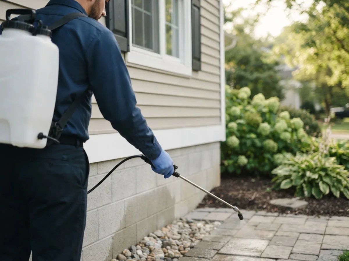 Pest control technician inspecting a home in Oakland, ME